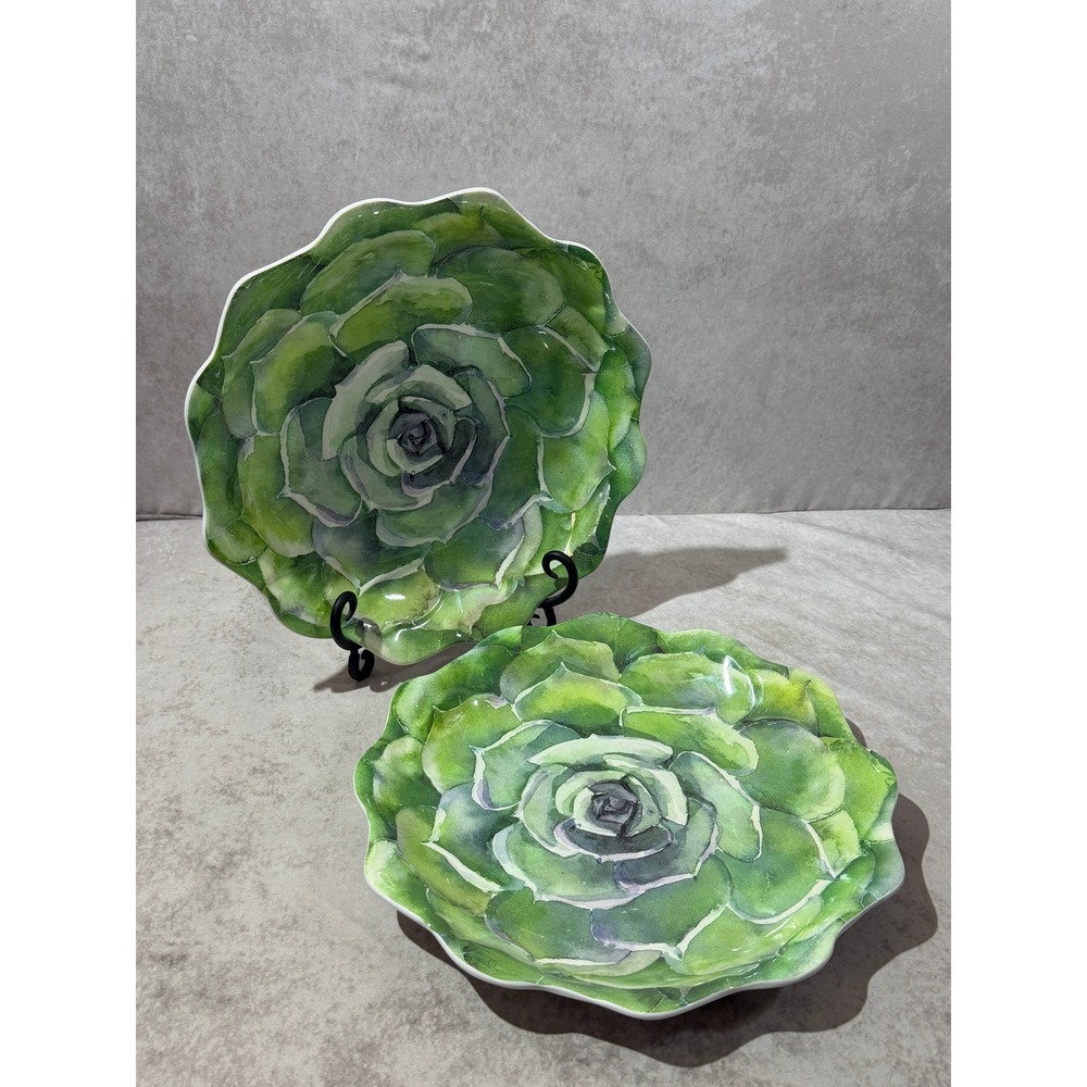 Nicole Miller Cactus Bloom Melamine Plates Set of 2 Green Scalloped Edge 11"‎